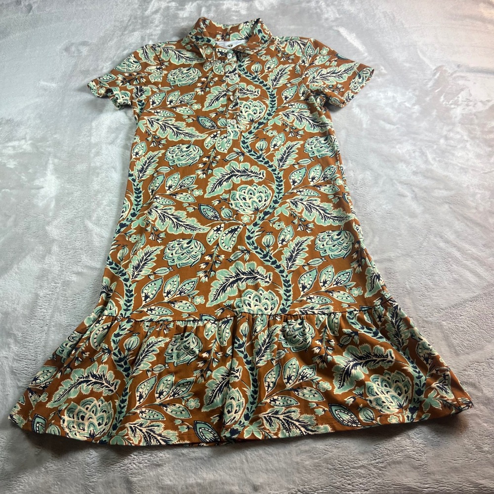 Spartina 449 Womens XS Joelle Polo Dress Brown Teal Paisley Ruffle Hem Botanical